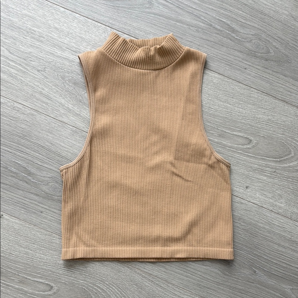 Zara Tan Sleeveless Crop Tank with Mandarin Collar